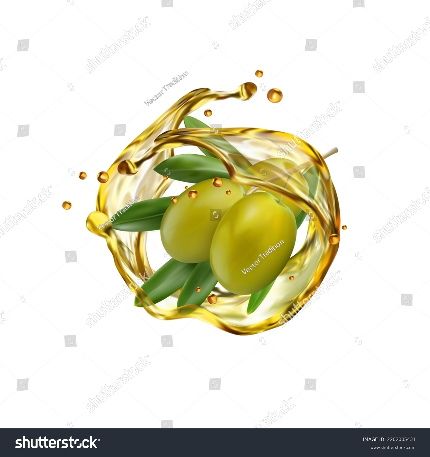 Realistic olives and oil splash drops, vector green olive fruits. Olive oil splashing flow for bottle product package, cuisine cooking or salad, green olive oil splash pour in macro closeup #2202005431