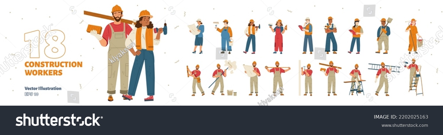 Construction workers set, repair service employees, builders, repairmen and renovation foremen. Male and female characters in uniform with professional tools Isolated line art flat vector illustration #2202025163