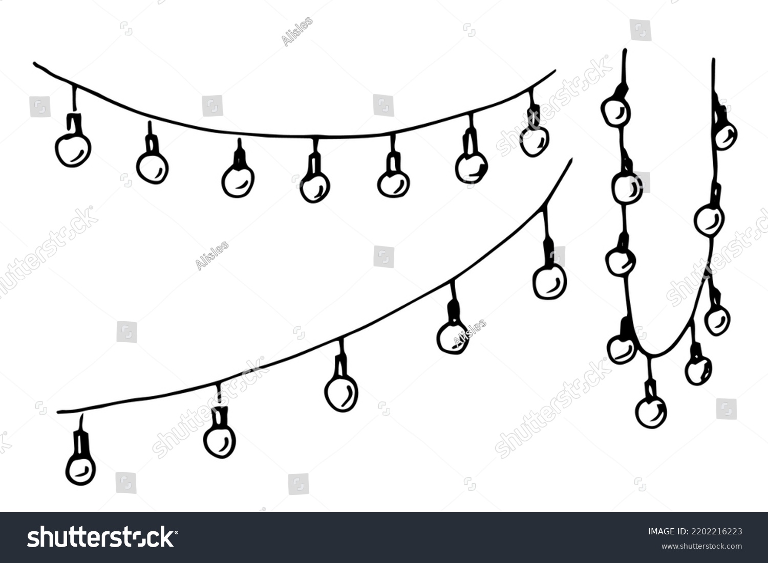 Garland with Lights. Vector hand drawn illustration in doodle style for party. Sketch of hanging pennants on white isolated background #2202216223