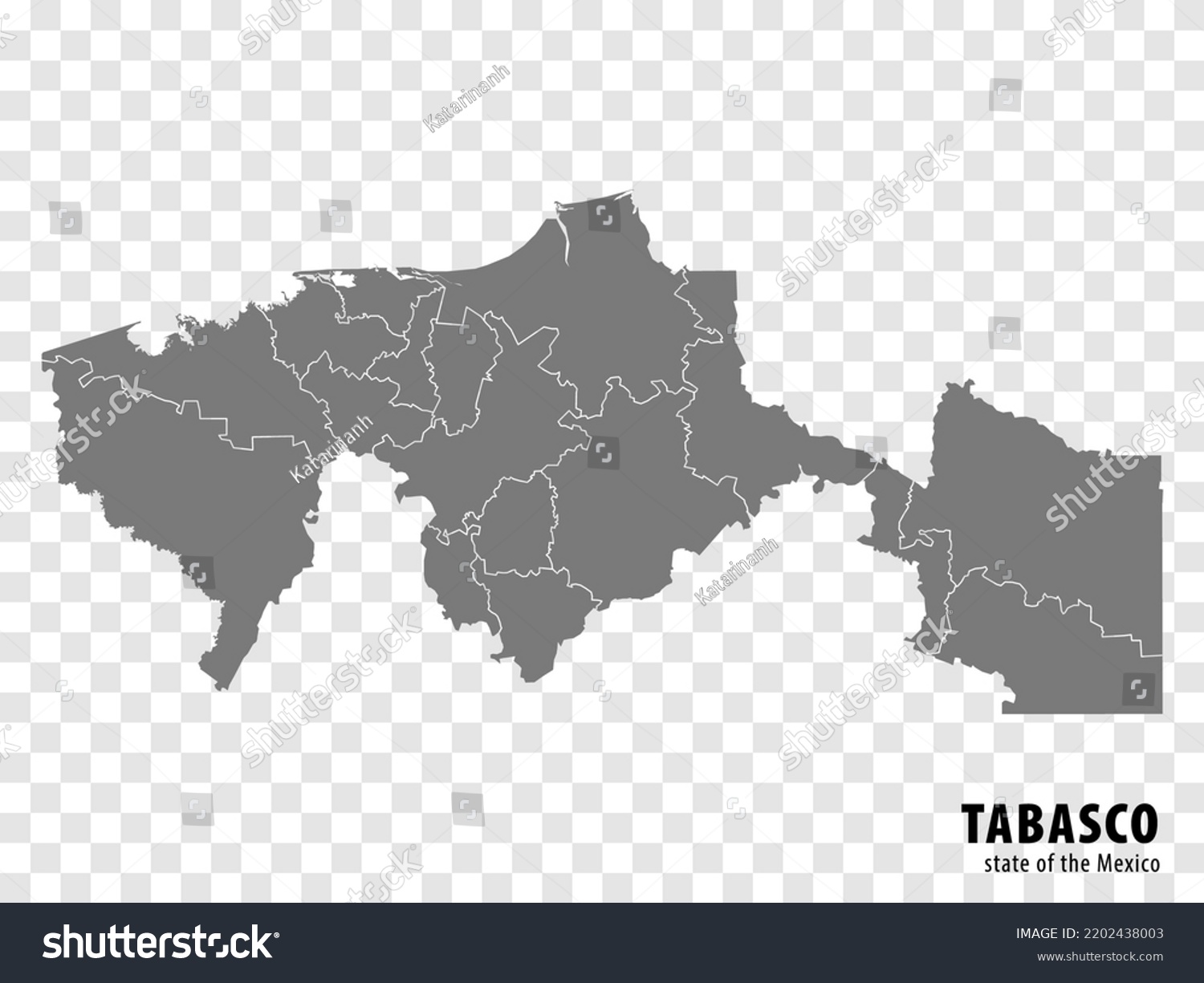 State Tabasco of Mexico map on transparent background. Blank map of  Tabasco with  regions in gray for your web site design, logo, app, UI. Mexico. EPS10. #2202438003