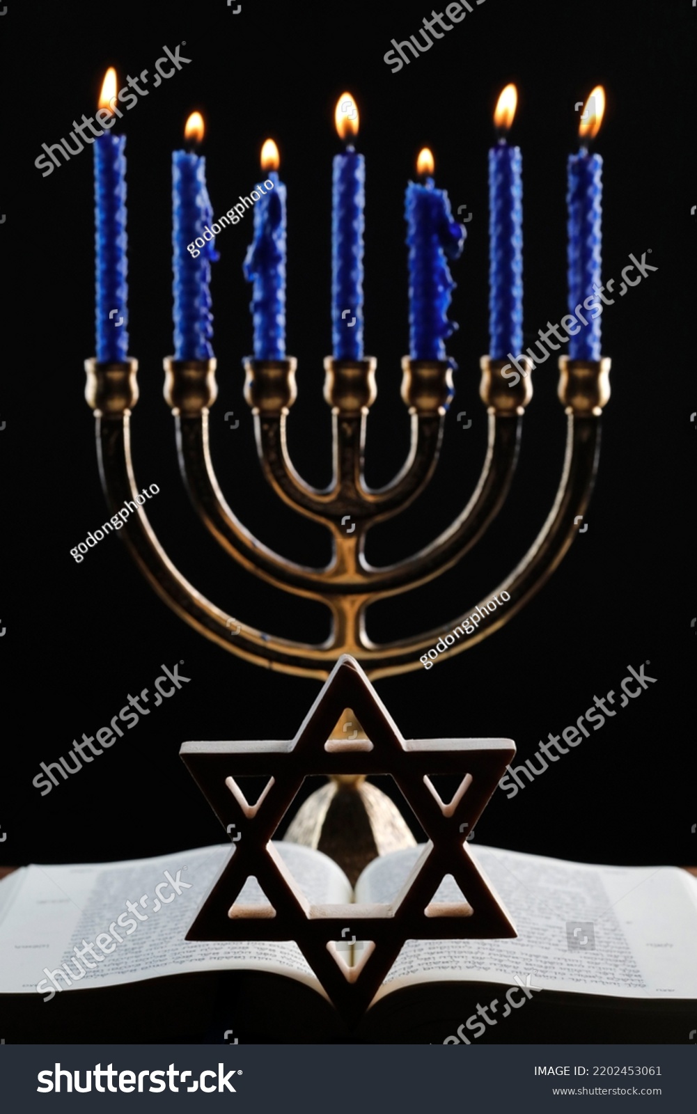 Open Torah, star of David  and the menorah or seven-lamp Hebrew lampstand, symbol of Judaism since ancient times.  #2202453061