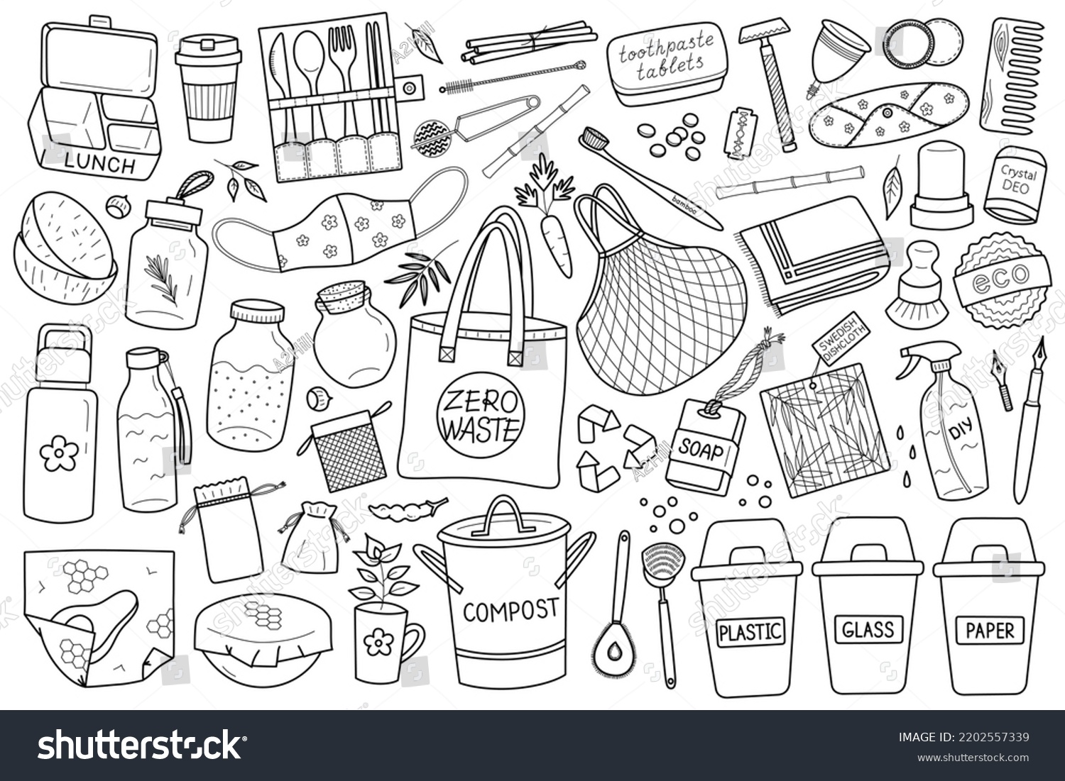 Zero Waste Hand Drawn Set, Doodle Icons Of - Royalty Free Stock Vector 