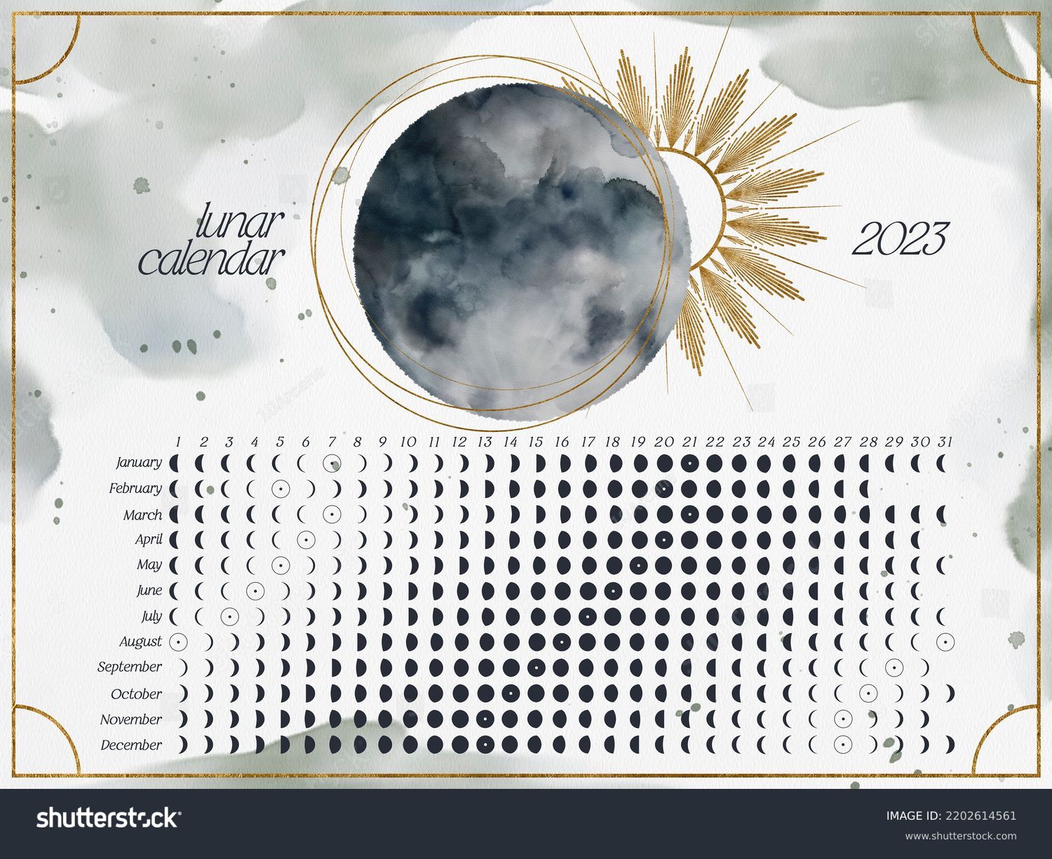 Horizontal Lunar Calendar of 2023 for Northern Hemisphere. Moon calendar with watercolor lunar phases and golden celestial elements. High quality poster #2202614561