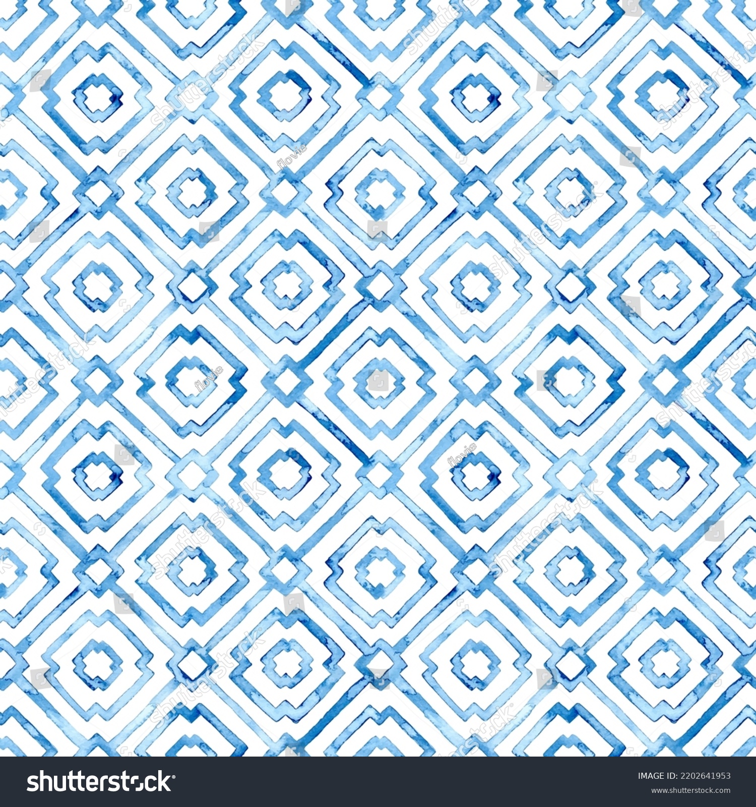 Seamless moroccan pattern. Square vintage tile. Blue and white watercolor ornament painted with watercolor on paper. Handmade. Print for textiles. Grunge texture. Vector illustration. #2202641953