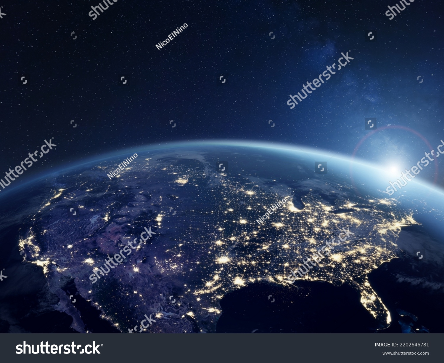 America at night viewed from space with city lights showing activity in United States. 3d render of planet Earth. Elements from NASA. Technology, global communication, world. USA. #2202646781