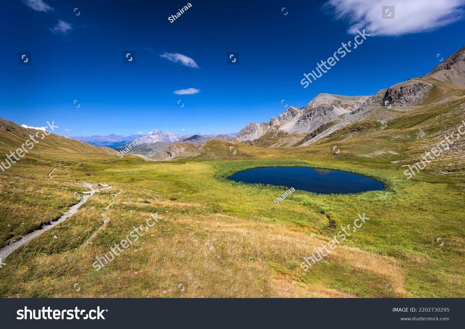 A small lake in a mountain pasture. Small mountain lake view #2202730295