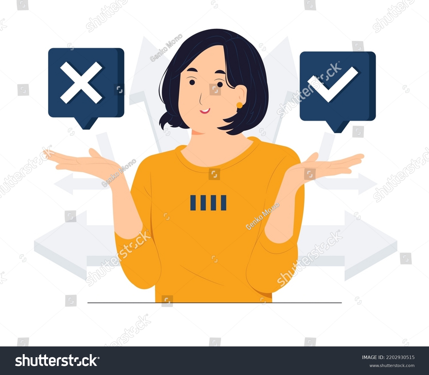 Decision between right or left, yes or no, Business decisions, ethical dilemma, choose, choice, undecided, and feeling confused concept illustration #2202930515
