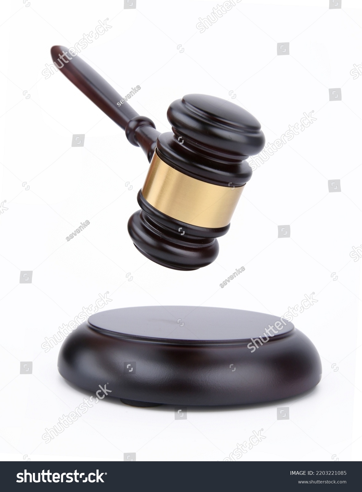 Wooden judge gavel and soundboard isolated on a white background. Justice of law system conceptual. #2203221085