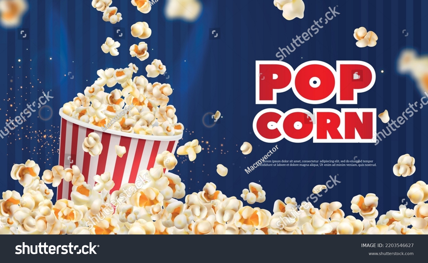 Realistic popcorn poster with flakes falling to bucket on blue background vector illustration #2203546627