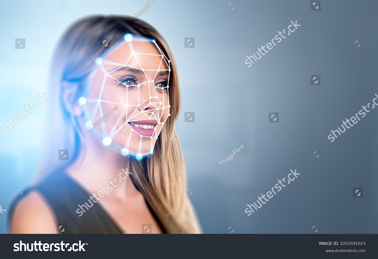 Smiling businesswoman portrait and digital biometric scanning hologram, face detection and recognition. Concept of face id and artificial intelligence. Copy space #2203591023