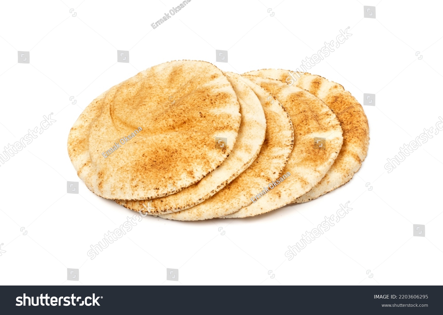 Wheaten Pita Flat Bread Stack Isolated. Flatbread also known as Pita Bread, Chapati, Naan, Tortilla Pile on White Background #2203606295