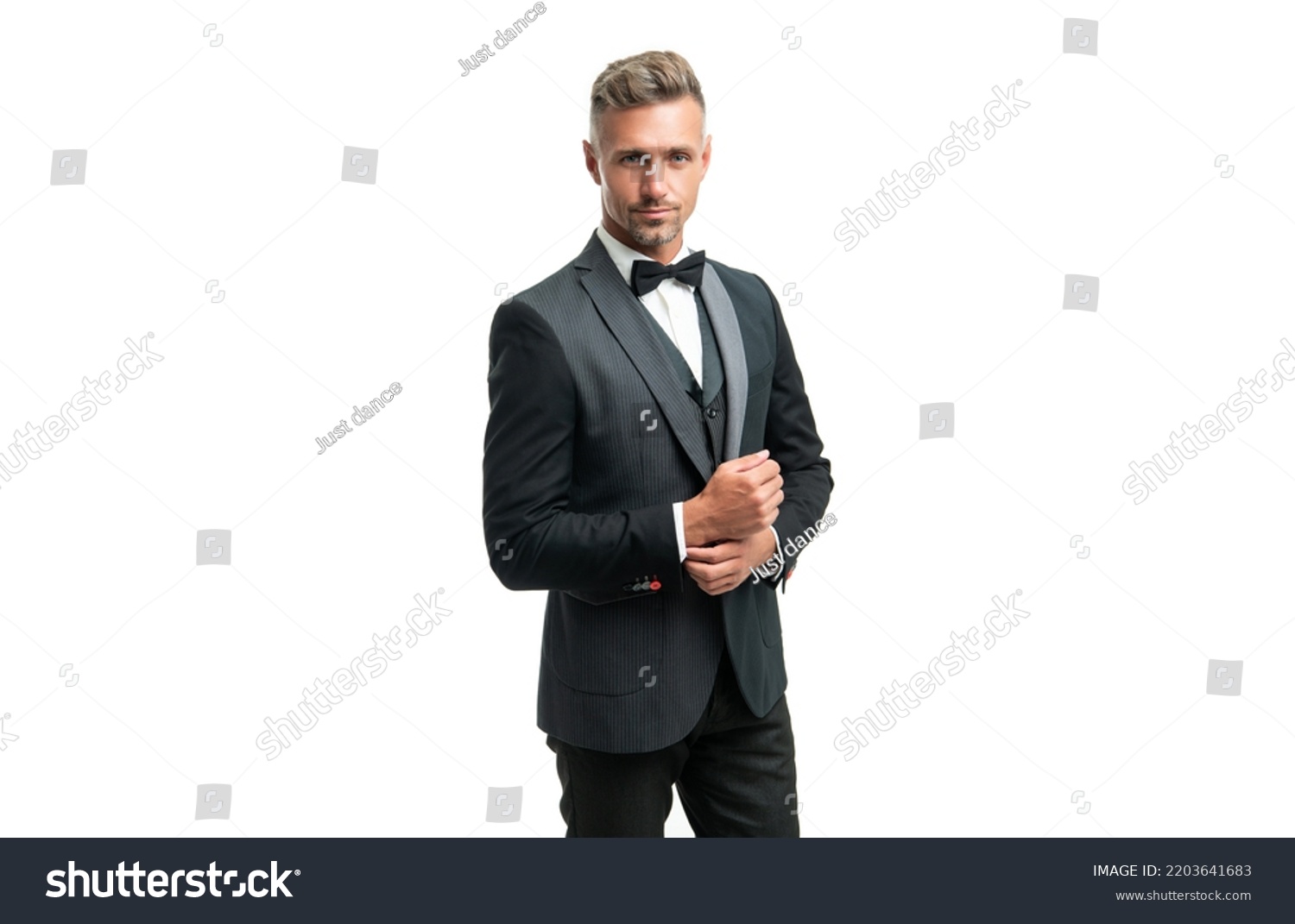 mature guy in bow tie suit. businessman isolated on white. gentleman in formal wear #2203641683