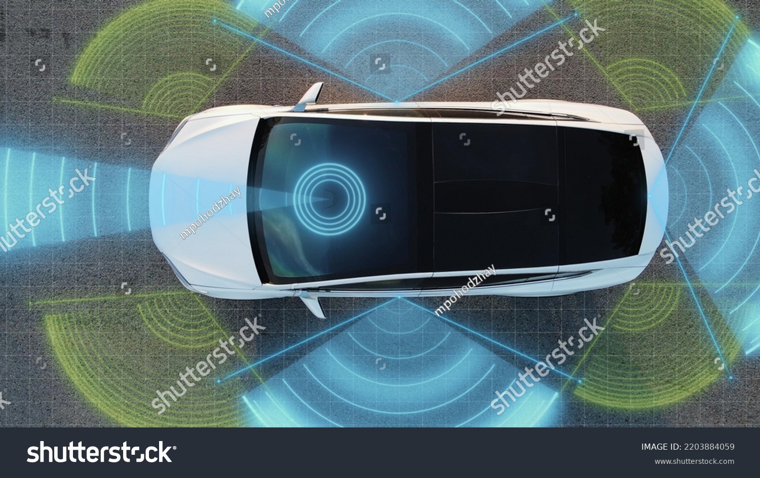 Self Driving Autopilot Car Technologies, Radar, 360, Sensor, Cameras, Laser. Artificial Intelligence Digitalizes and Analyzes Road. Sensor Scanning Road Ahead for Vehicles, Danger, Speed Limits. #2203884059
