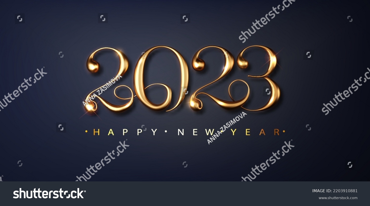 Happy new year 2023 banner. Golden Vector luxury text 2023 Happy new year. Gold Festive Numbers Design #2203910881