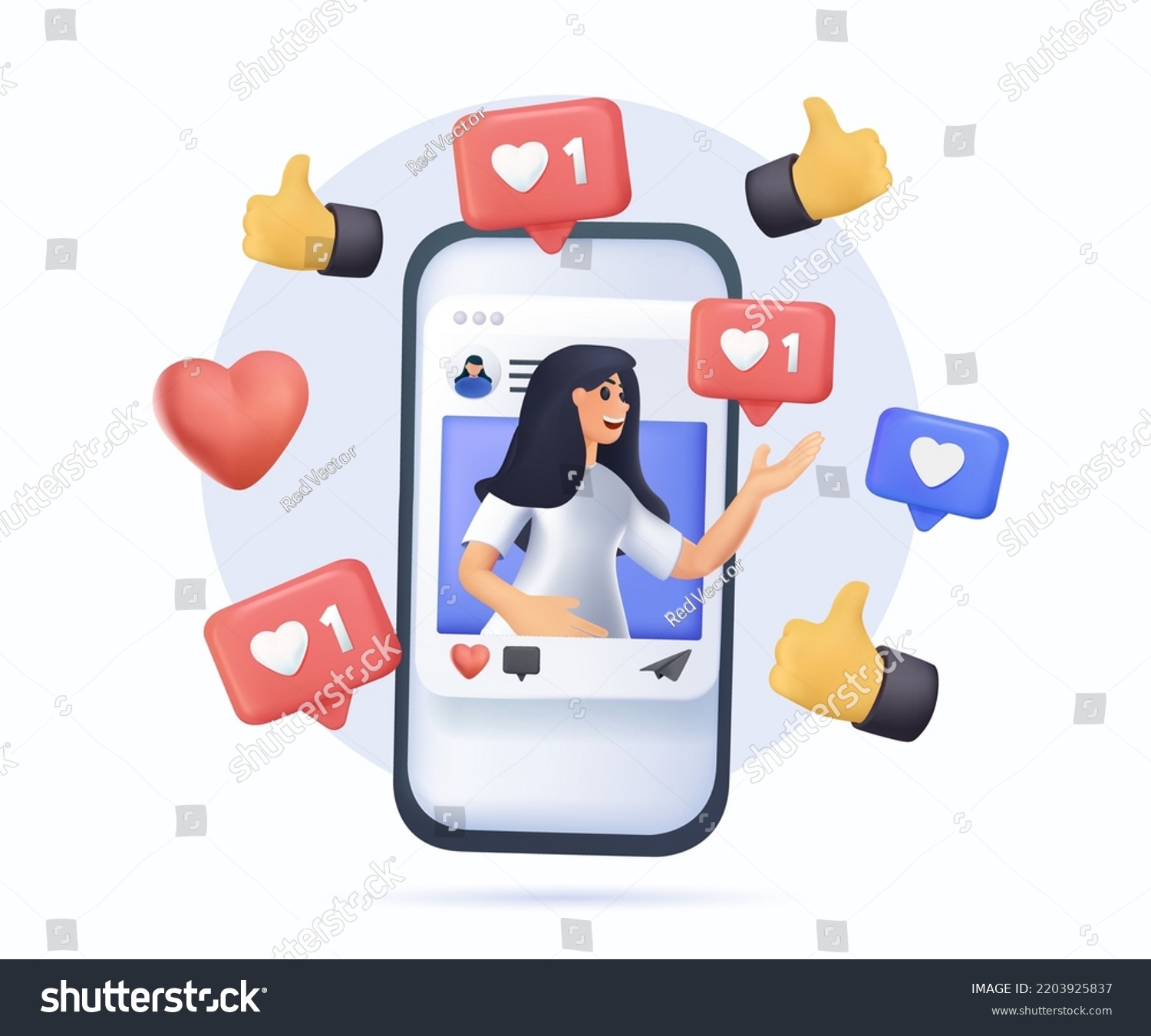 3D Social media blogger. Social media platform, online social communication concept. Influencer, post, story and avatar. Influencer posting personal blog. Comment Follower. 3D Web Vector Illustrations #2203925837