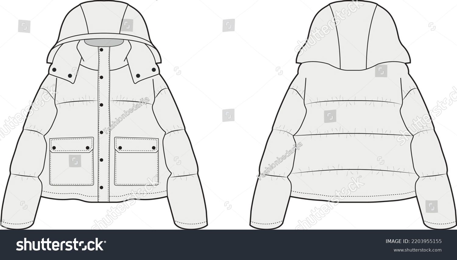 hooded puffer jacket technical drawing men Royalty Free Stock Vector