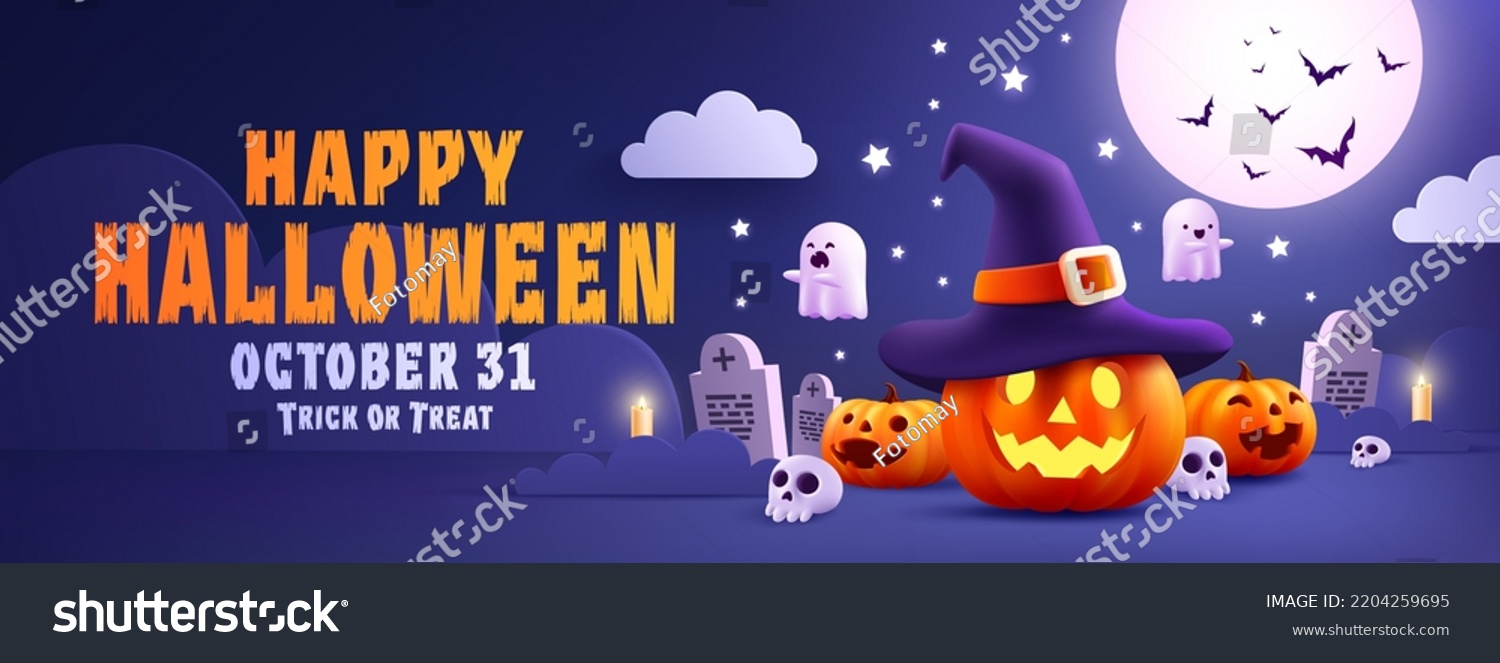 Halloween Promotion Poster or banner template.Halloween night seen with big Moon, Pumpkin ghost,Wizard Hat,cute ghost,cartoon skull and halloween elements. Website spooky or banner template #2204259695