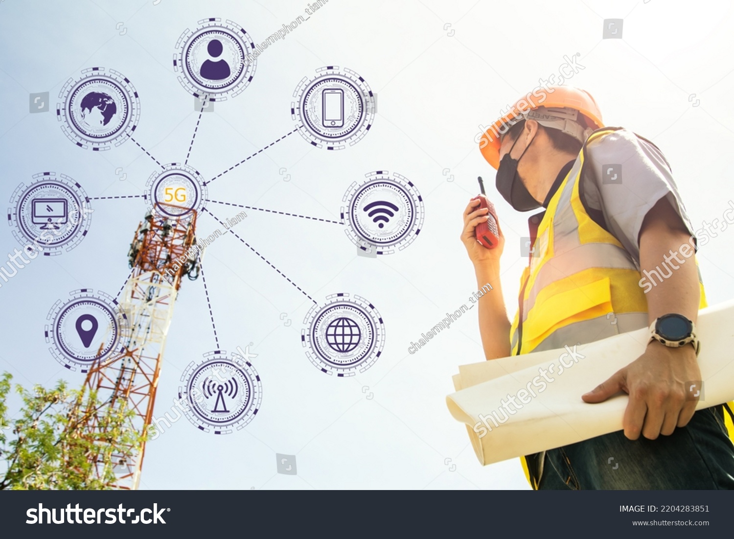Team male architect engineers wearing masks helmets reporting on radio communications tower structure holds blueprints to monitor telecommunication signals, 5G networks internet data. #2204283851