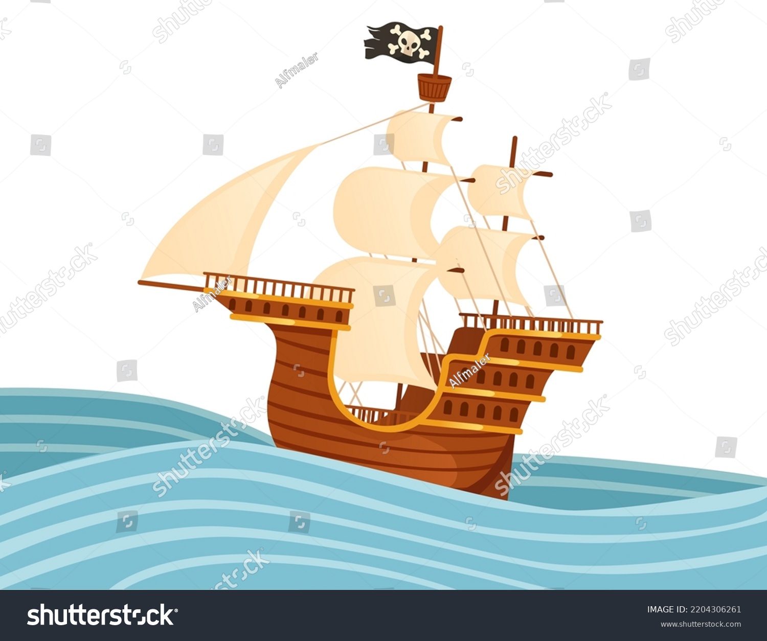 Wooden medieval pirate ship with white sails and - Royalty Free Stock ...