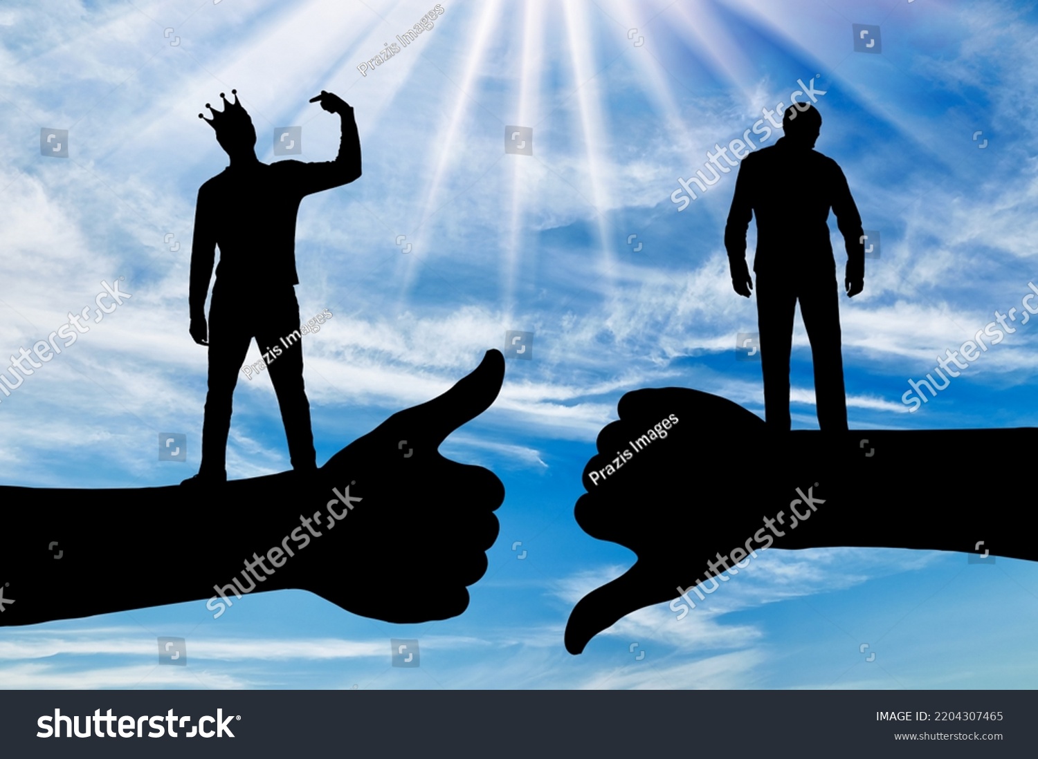 Selfishness and ego. An arrogant selfish man with a crown on his head points his finger at himself, considering himself better than other person. Concept of egoism, arrogance. Silhouette #2204307465