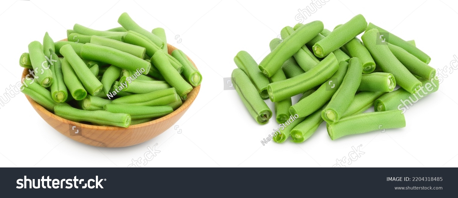 Green beans in wooden bowl isolated on a white background with full depth of field, #2204318485