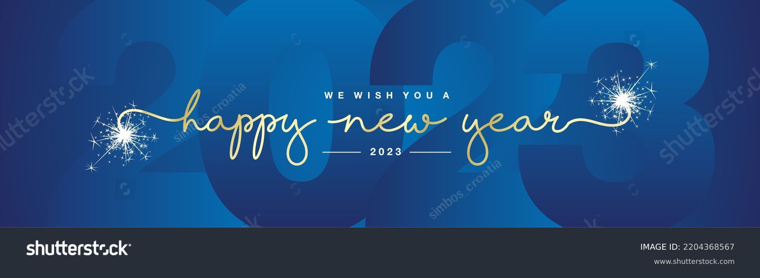 Happy New Year 2023 gold handwritten typography light glitter fireworks and blue 2023 background wallpaper banner #2204368567
