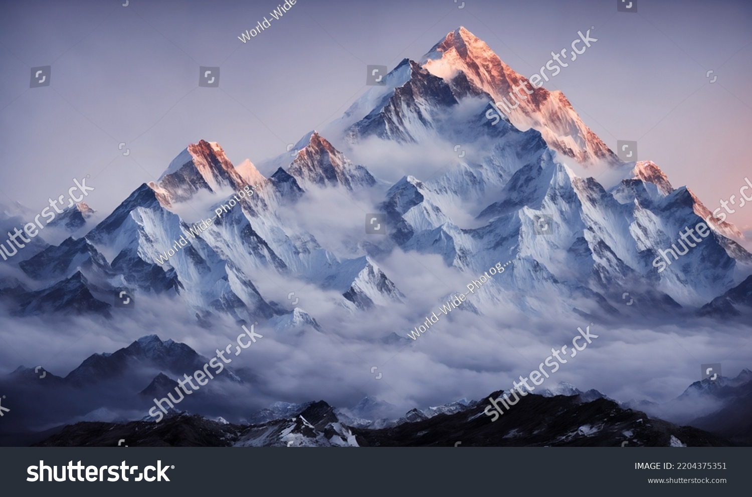 View of the Himalayas on a foggy night - Mt Everest visible through the fog with dramatic and beautiful lighting #2204375351