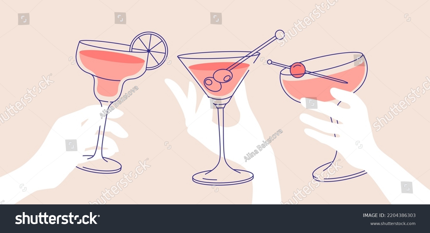 Outline drawing, cheers. Women’s hands holding glasses of margaritas and martini. Flat illustration for greeting cards, postcards, invitations, menu design. Line art template #2204386303
