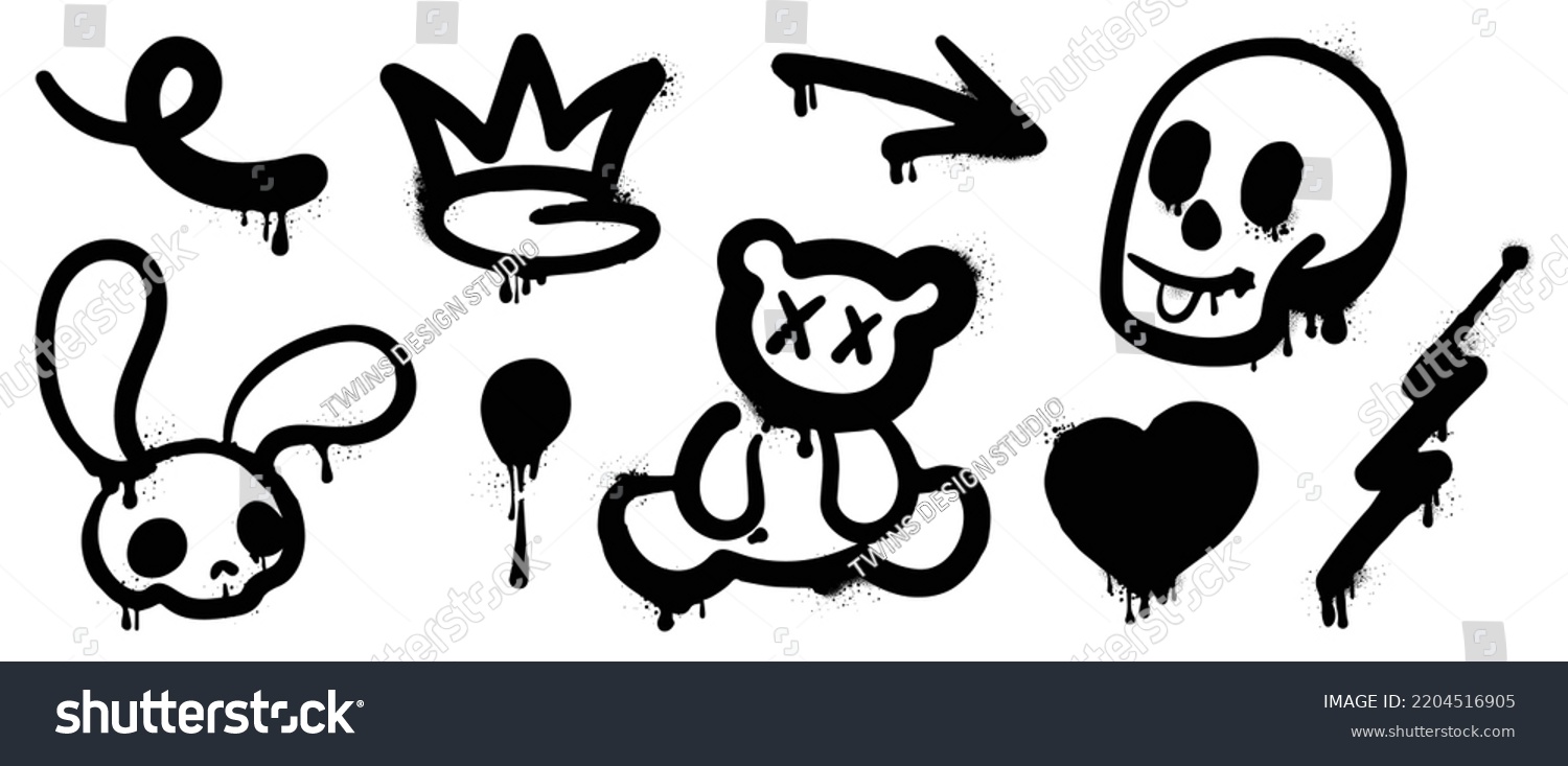 Set of black graffiti spray pattern. Collection of symbols, heart, crown, arrows, rabbit, bear, skull with spray texture. Elements on white background for banner, decoration, street art and ads. #2204516905