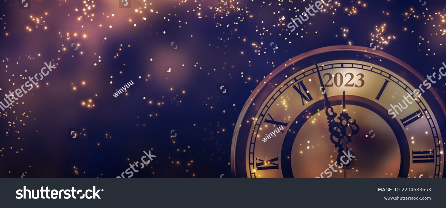 happy new year 2023 countdown clock on abstract glittering midnight sky with copy space, party invitation card concept for new years eve #2204683653
