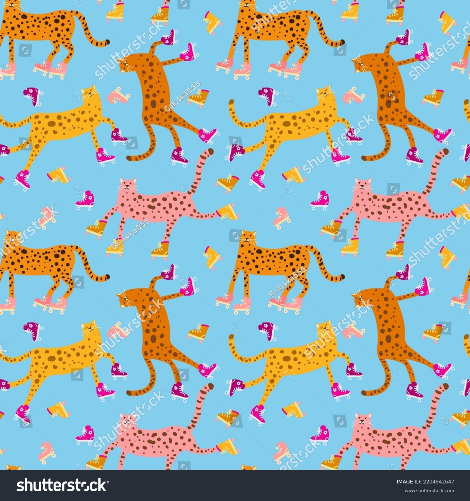 Flat vector cartoon illustration of funny wild animals on a blue background. Seamless vector pattern with cute cheetahs. Childish naive art. Yellow, red, pink cheetahs rollerblading #2204842647