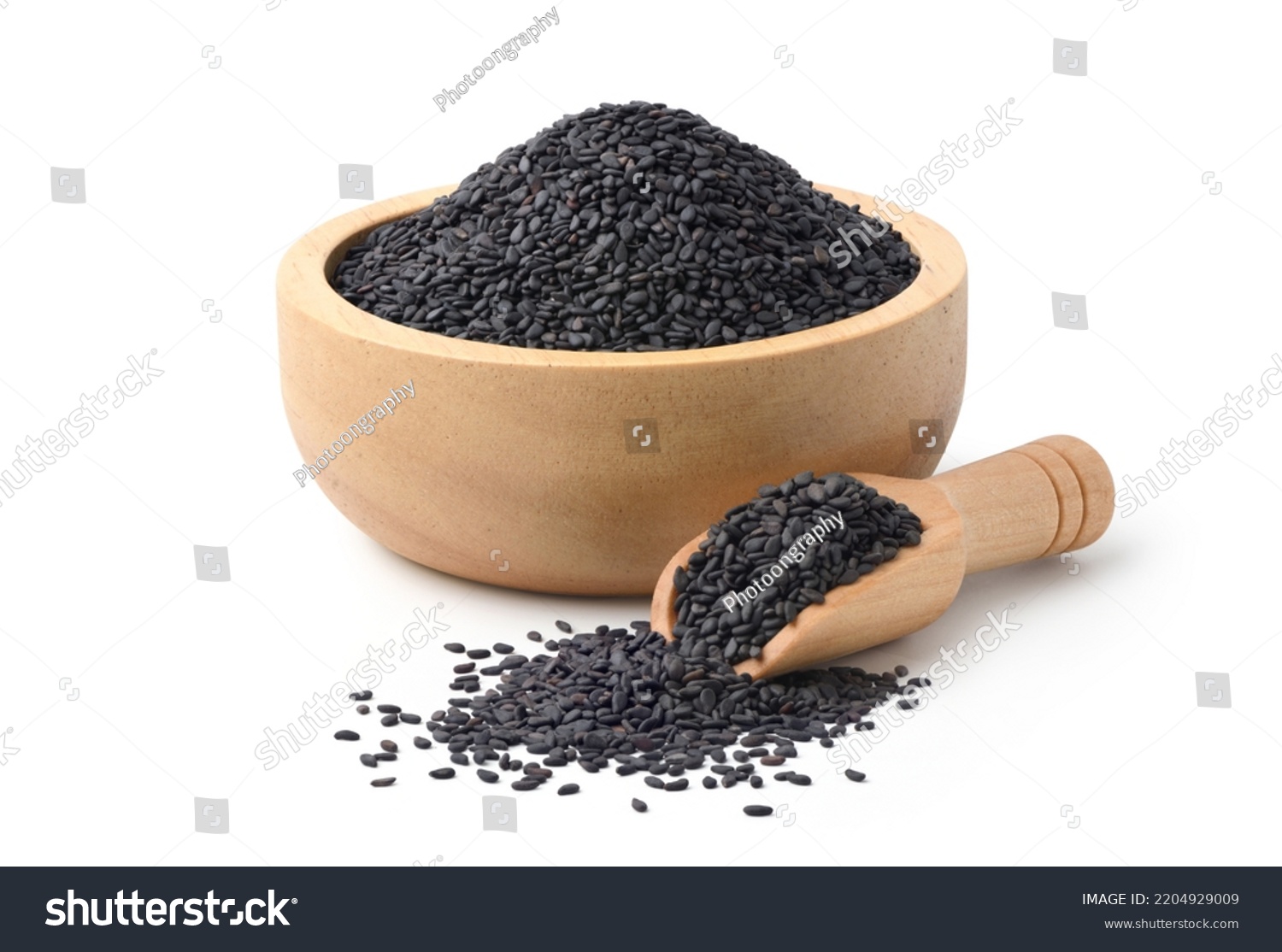 Black sesame seeds with wooden bowl and scoop isolated on white background. #2204929009