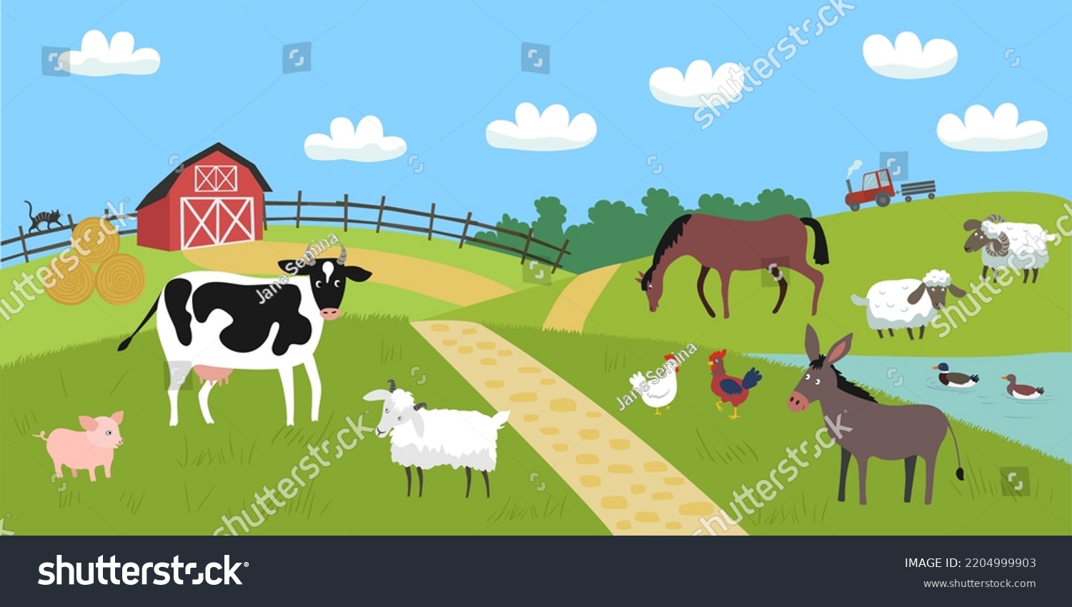 Landscape with red farm and animals. Cow, sheep, - Royalty Free Stock ...