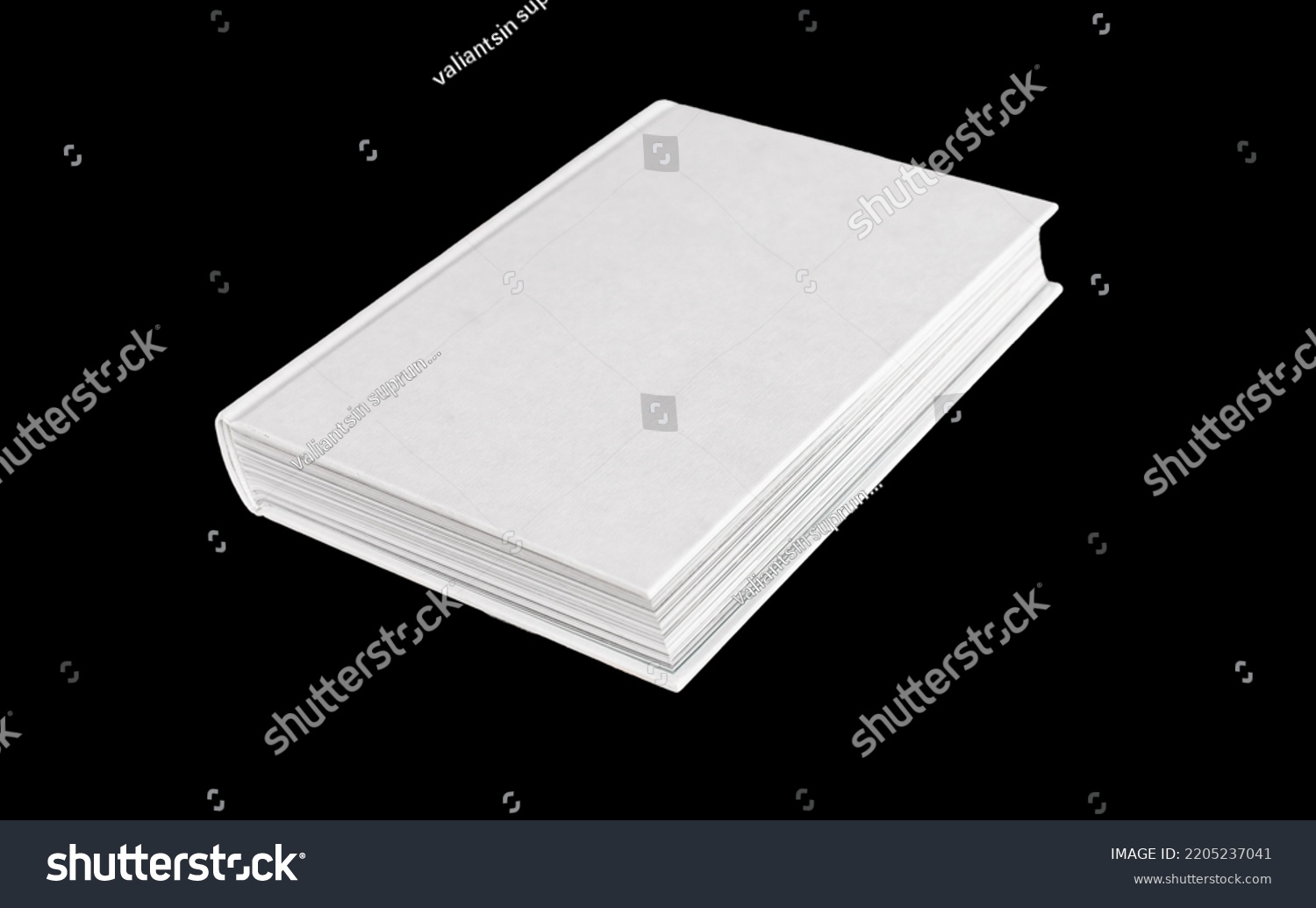 Book mockup with white empty cover isolated on black background. Angle view. Reading, study, education concept. Encyclopedia, Bible, code, novel. High quality photo #2205237041
