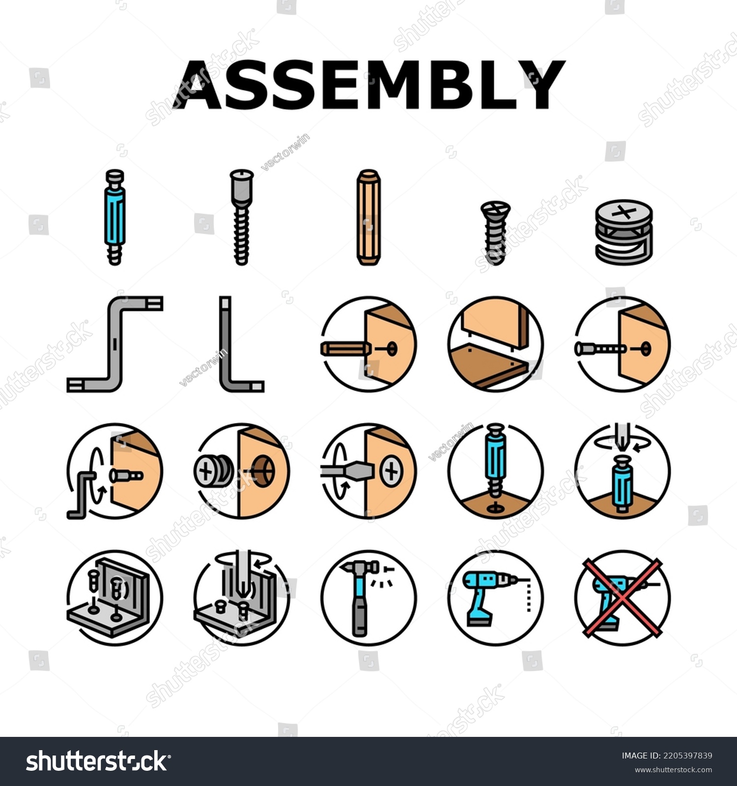 assembly furniture instruction icons set vector. Royalty Free Stock