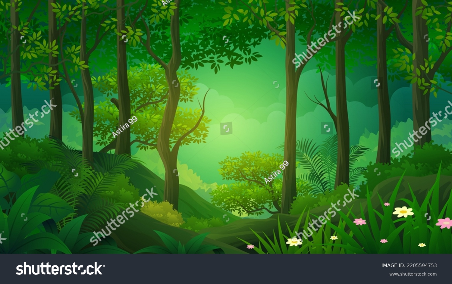 Wild dark jungle forest nature landscape with green jungle foliage and exotic plants #2205594753