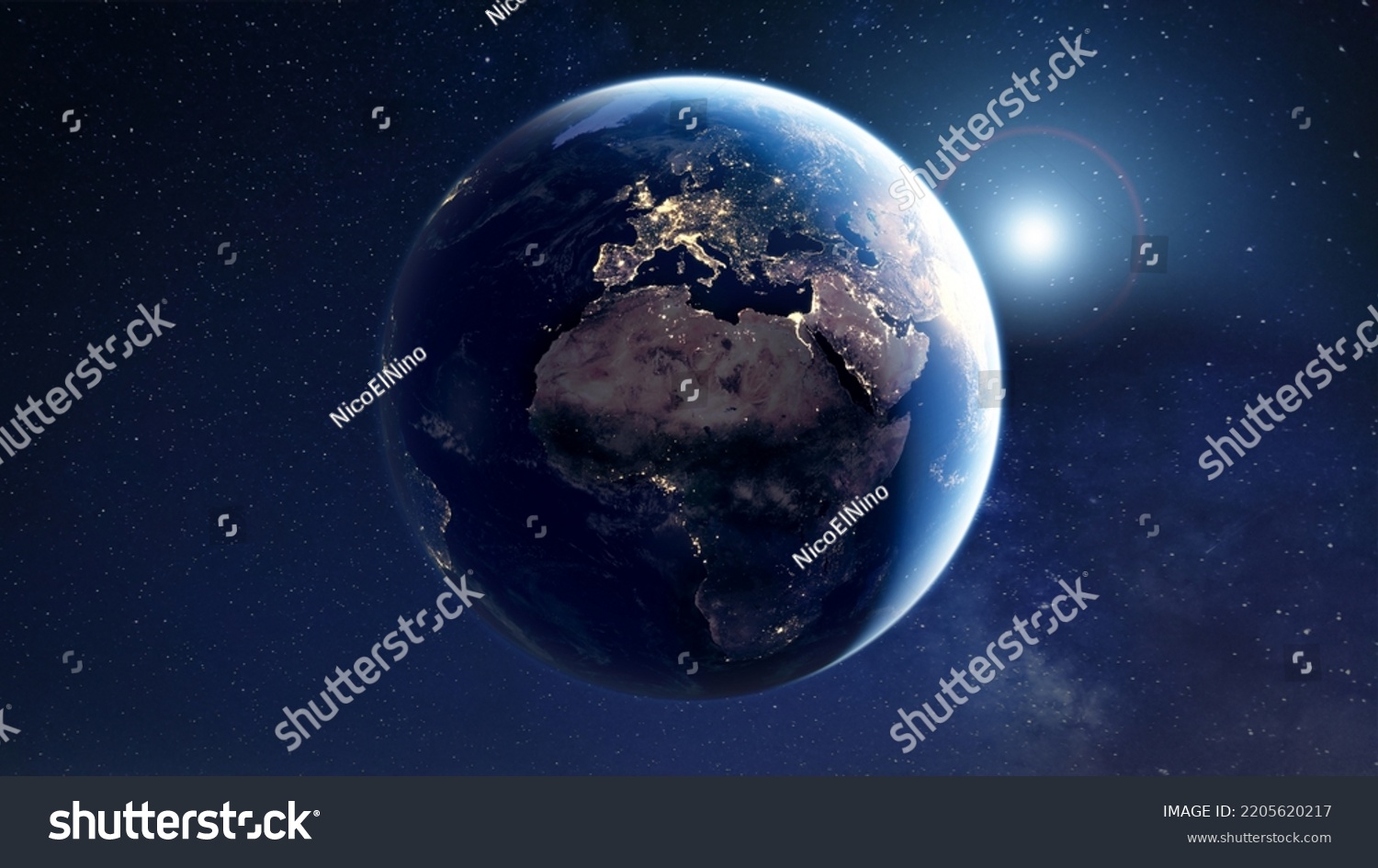 Planet Earth viewed from space with city lights. Technology, global communication, world connections. Satellite view. Elements from NASA. #2205620217