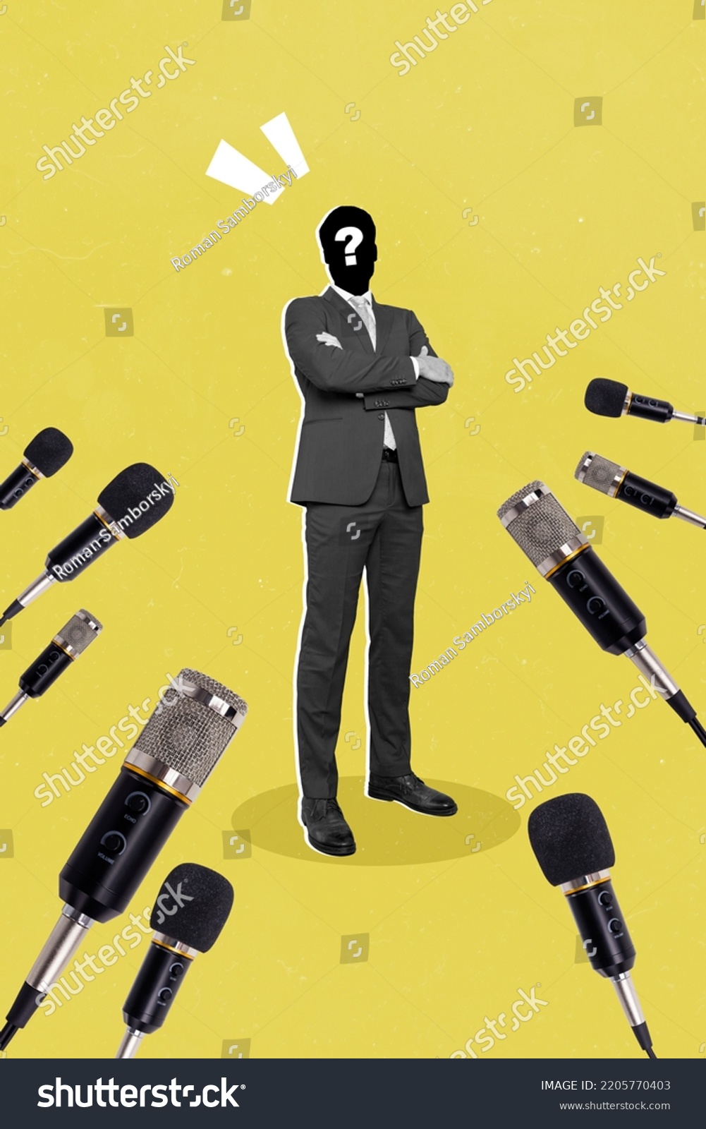 Vertical collage picture of unknown secret person folded arms journalists microphones isolated on yellow background #2205770403
