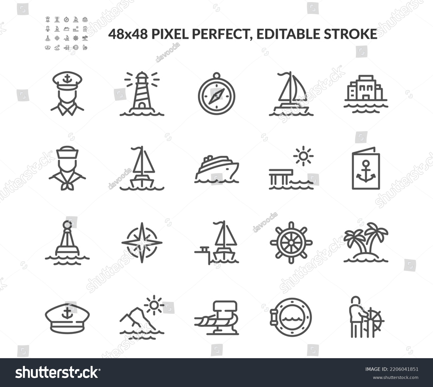 Simple Set of Travel by Sea Related Vector Line Icons. Contains such Icons as Port, Cruise Liner, Lighthouse and more. Editable Stroke. 48x48 Pixel Perfect.
 #2206041851