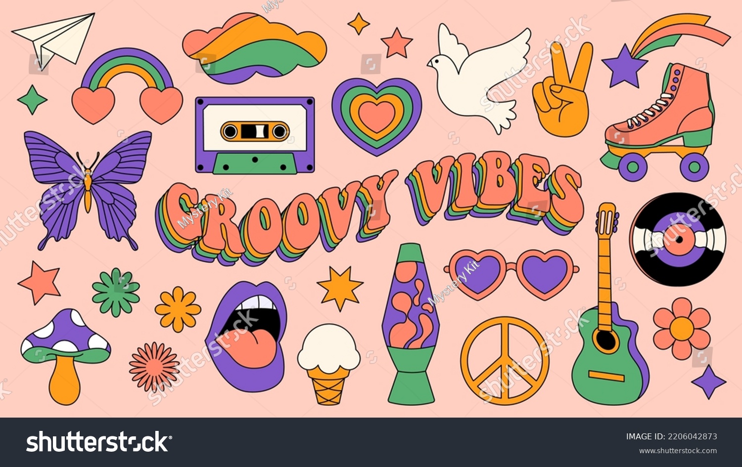 Fun Groovy Retro Clipart Elements Set 60s 70s Royalty Free Stock Vector 2206042873 3051