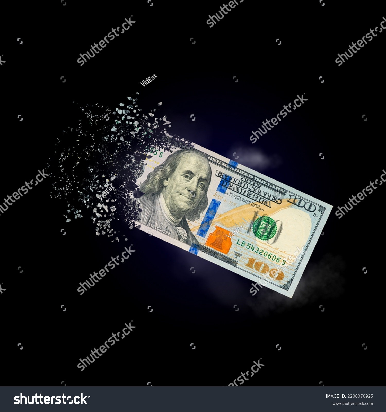100 dollar bills scattered in the air. money inflation concept. the disappearance of banknotes, hyperinflation. financial crash, hundred dollar banknotes, high living costs. #2206070925