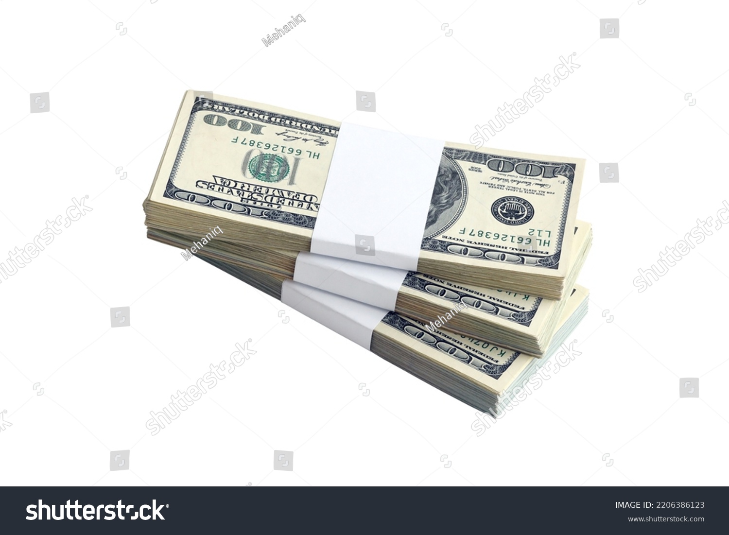 Bundle of US dollar bills isolated on white. Pack of american money with high resolution on perfect white background as object for design #2206386123