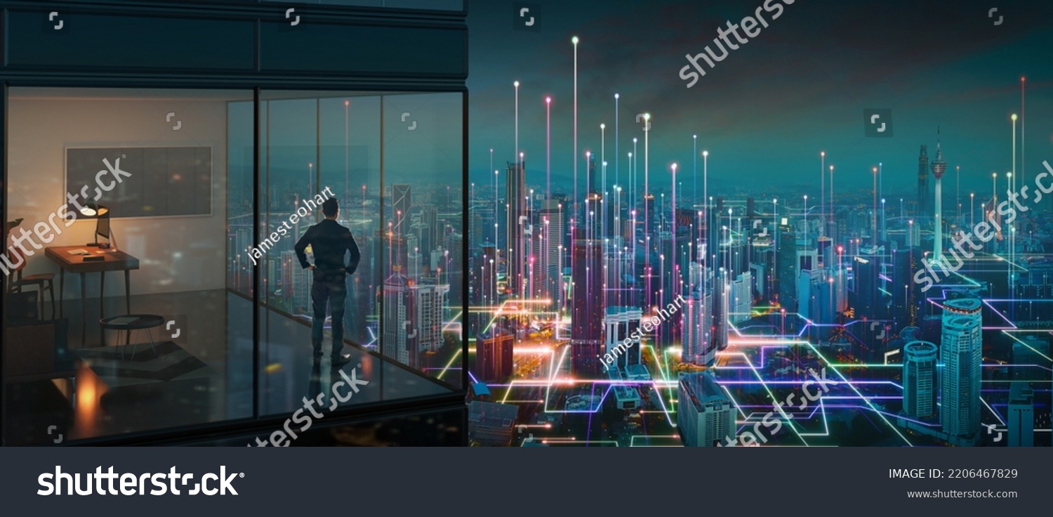 Businessman standing at office with abstract line and dot connect with gradient line design panoramic city view. Business success with smart big data technology concept #2206467829