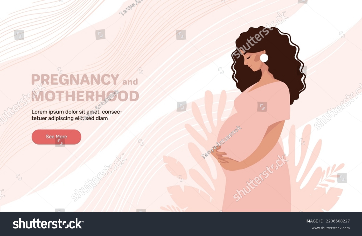 Beautiful pregnant black woman hugging her belly, concept of pregnancy and motherhood, vector illustration for doula, obstetrics, doctor. Modern landing page in flat cartoon design. #2206508227