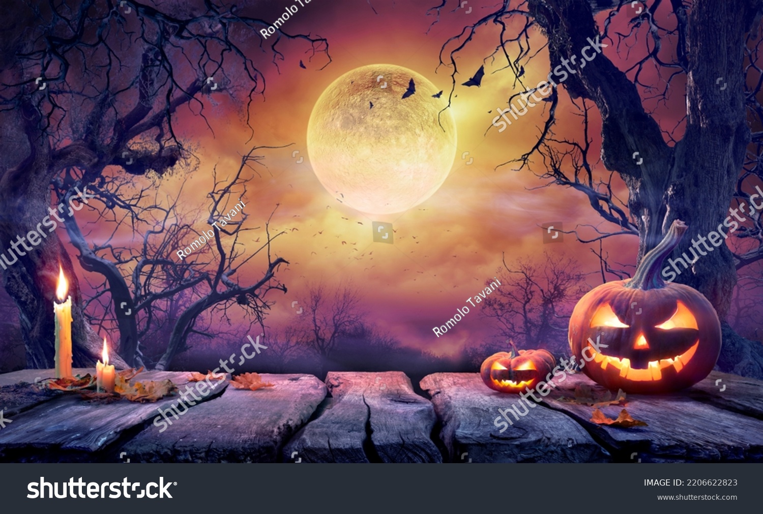 Halloween Table - Old Wooden Plank With Orange Pumpkin In Purple Landscape With Moonlight #2206622823