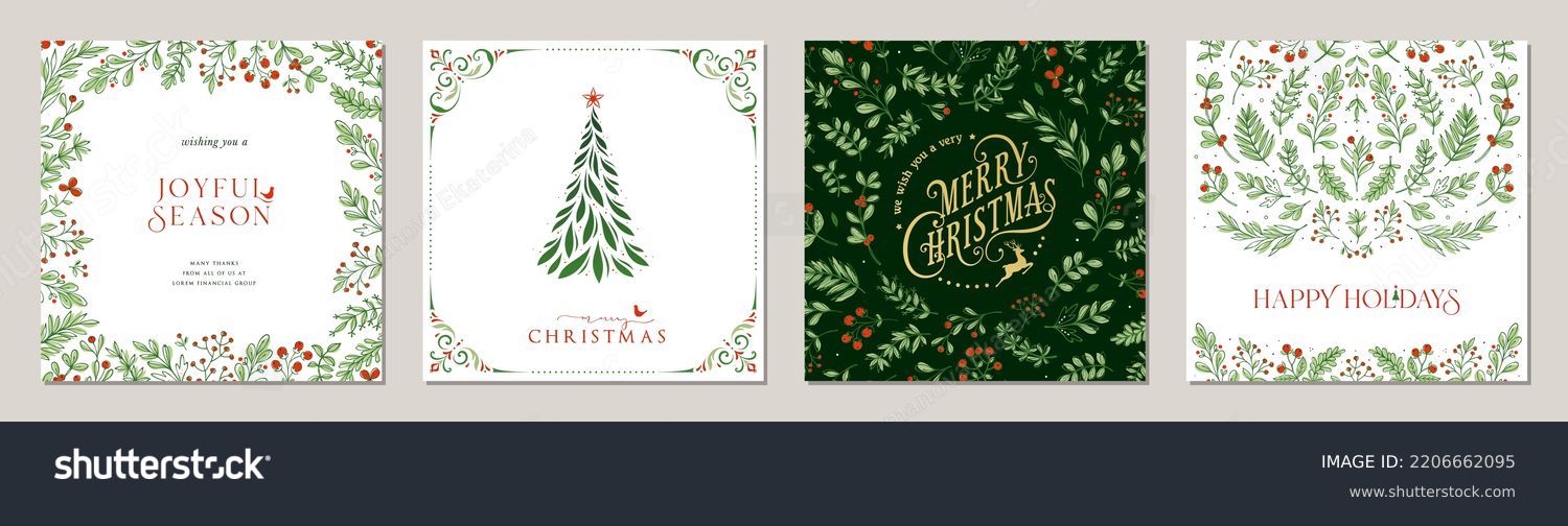 Winter Foliage Holiday cards. Universal Christmas templates with decorative Christmas Tree, reindeer, floral background and frame with copy space, birds and greetings.	 #2206662095