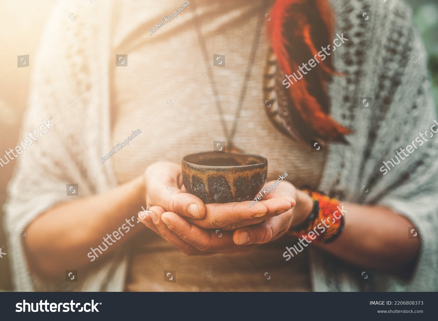 Cacao ceremony, heart opening medicine. Ceremony space. Cacao cup in woman's hand. #2206808373
