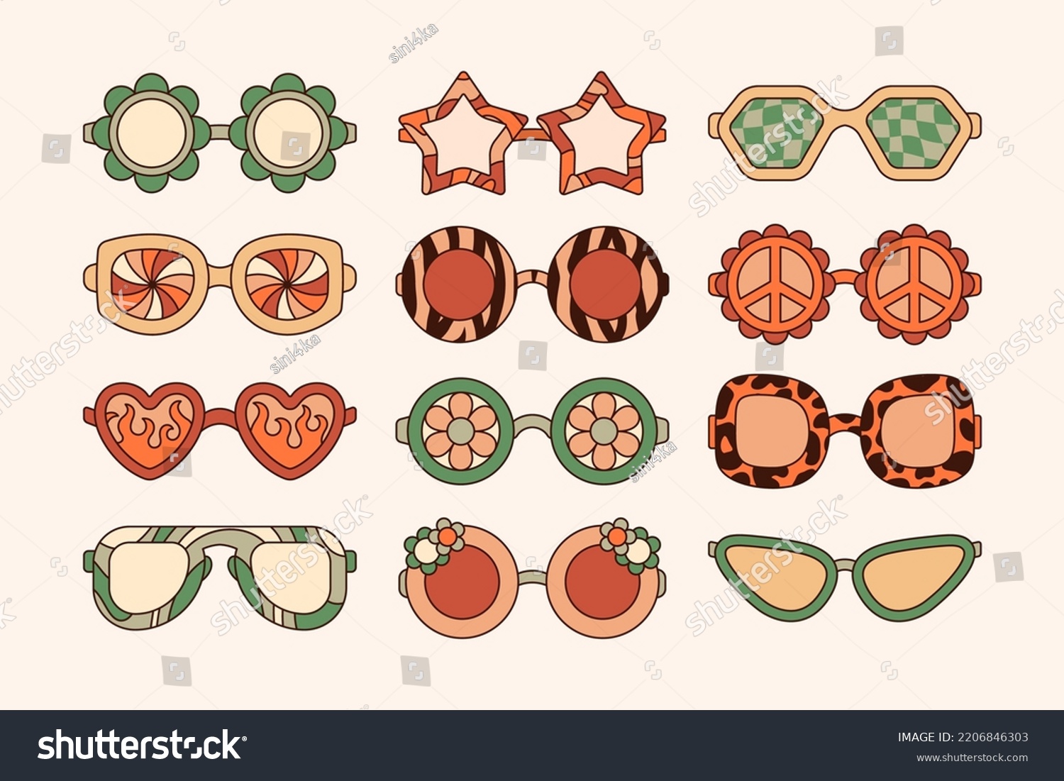 Groovy Sunglasses Set in Retro Hippie Style . Geometric Abstract Vector Eyewear in 1970s in Different Forms: Heart, Peace Symbol, Stars, Daisy Flowers for Print on T-Shirts, Cards, Creating Logo #2206846303