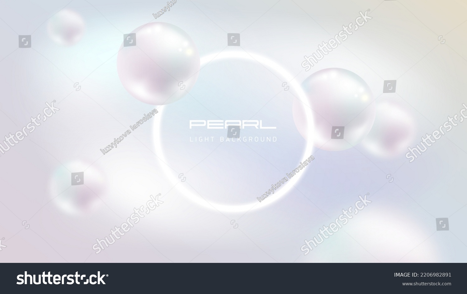 Flying white natural pearl sphere, blur on light pearly background. Luxury jewelry pearl with white glow ring frame. Vector abstract delicate background for science or beauty advertisement #2206982891