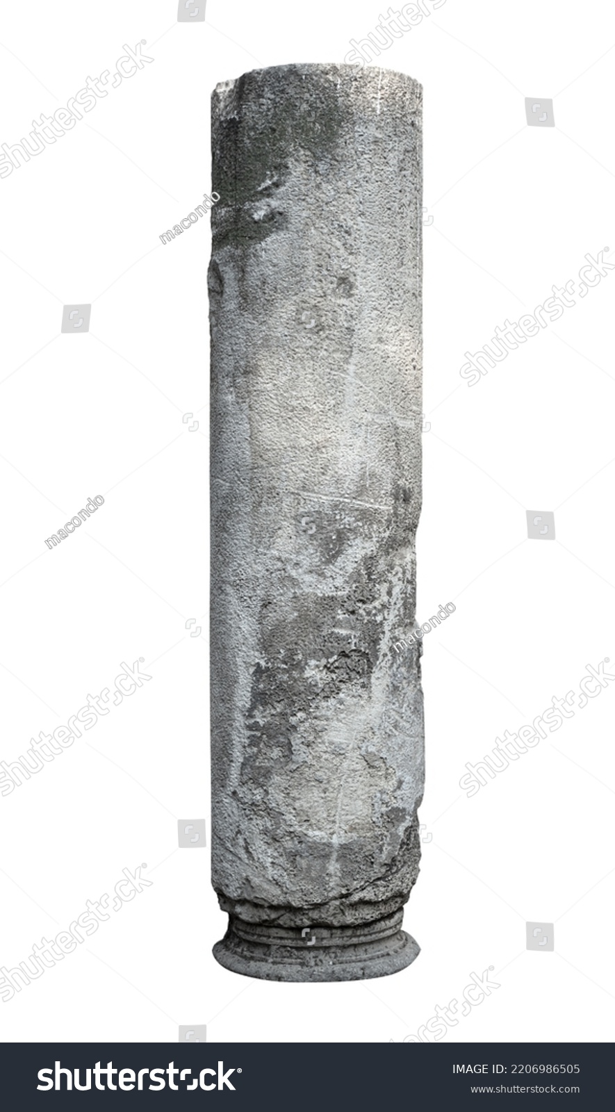 front view closeup of large vertical square fragment of antique classical architectural stone column with weathered texture isolated on white background #2206986505